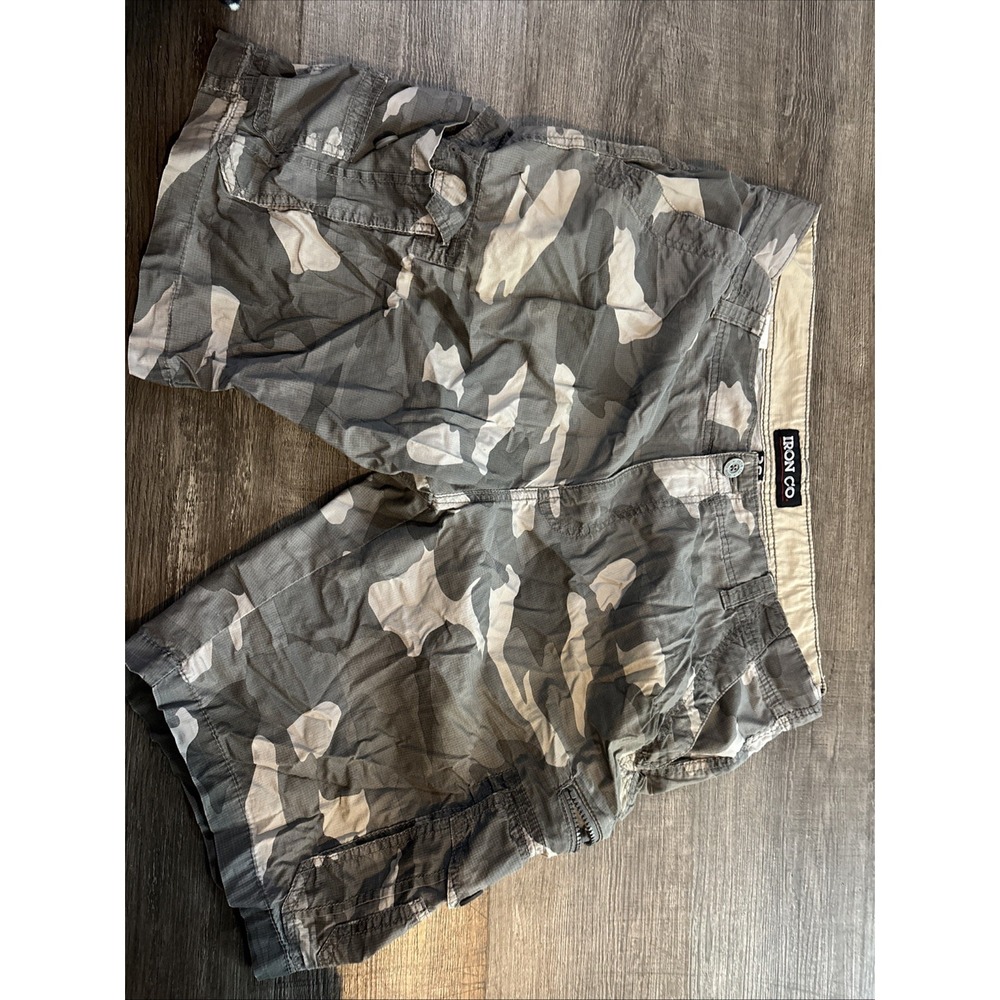 Iron Co Mens Cargo Shorts Size 36 Gray Camo Camouflage Ripstop Cotton